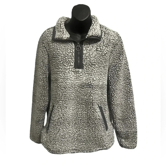 Cozy Sherpa Women's Gray Blue Faux Fleece Pullover 1/4 Zip Jacket Coat medium - Picture 3 of 5